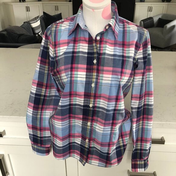 Chaps Petite No-Iron Plaid Button Down Lg Slv Cotton Shirt Blue Pink Wht Sz MP - Picture 1 of 12